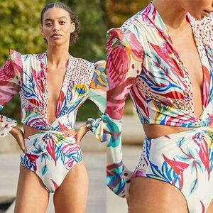 NWT Patbo Flora Cut-Out Padded Plunge Gold Tone Body Suit Multi Color Size: XS
